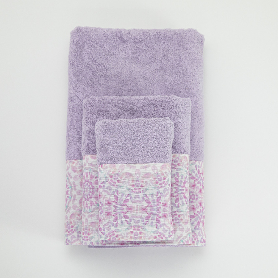Σετ Πετσέτες 3 τεμ (Χειρός|Προσώπου|Λουτρού) Με Υφασμάτινη Φάσα Borea Μάνταλα Λιλά