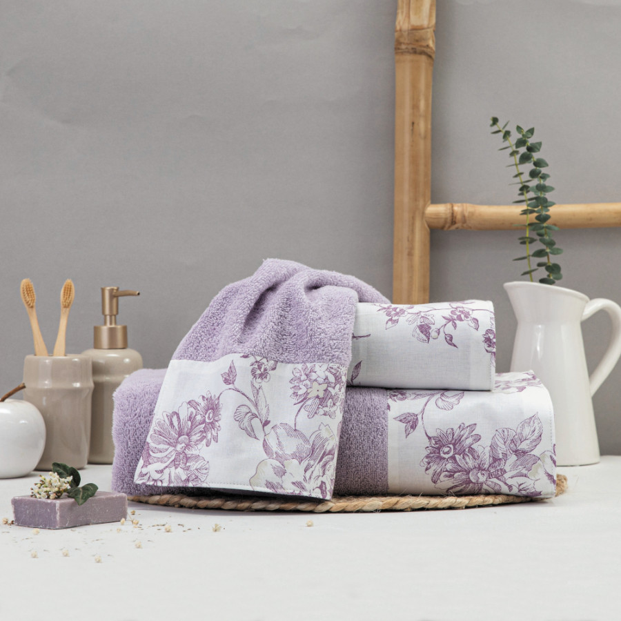 Σετ Πετσέτες 3 τεμ (Χειρός|Προσώπου|Λουτρού) Με Υφασμάτινη Φάσα Borea Rosine Λιλά