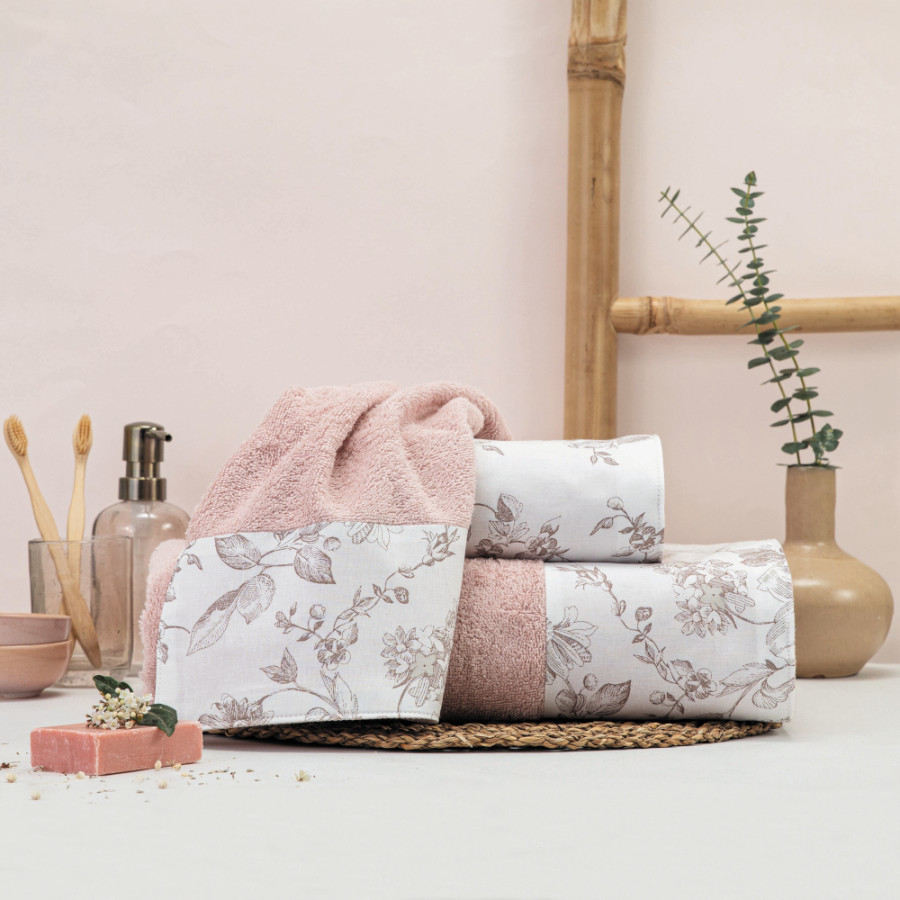 Σετ Πετσέτες 3 τεμ (Χειρός|Προσώπου|Λουτρού) Με Υφασμάτινη Φάσα Borea Rosine Πούδρα