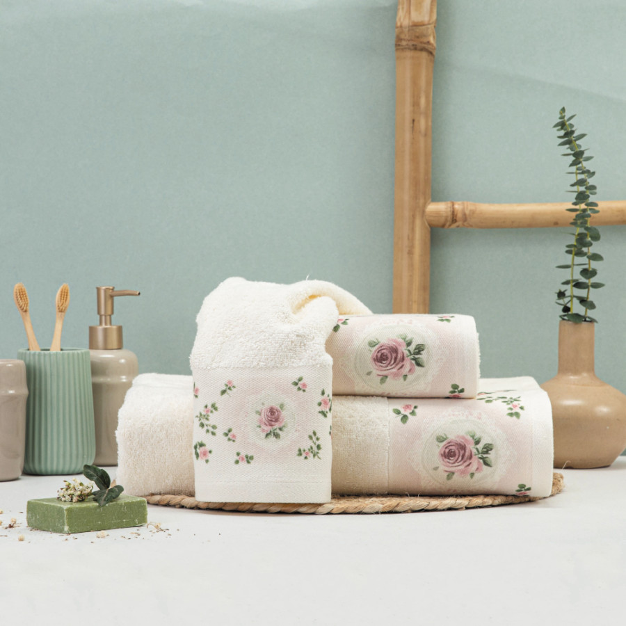 Σετ Πετσέτες 3 τεμ (Χειρός|Προσώπου|Λουτρού) Με Ψηφιακή Εκτύπωση Στη Φάσα Borea Wildrose Εκρού