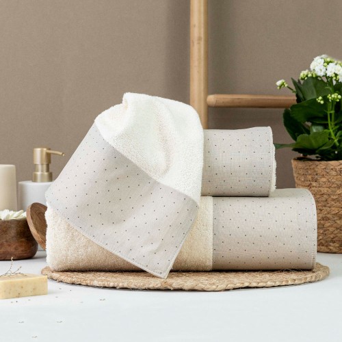 Σετ Πετσέτες 3 τεμ (Χειρός|Προσώπου|Λουτρού) Με Υφασμάτινη Φάσα Borea Pois Εκρού