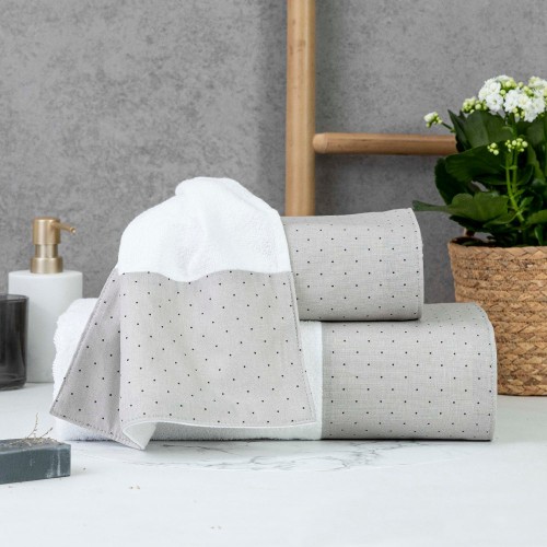 Σετ Πετσέτες 3 τεμ (Χειρός|Προσώπου|Λουτρού) Με Υφασμάτινη Φάσα Borea Pois Λευκό