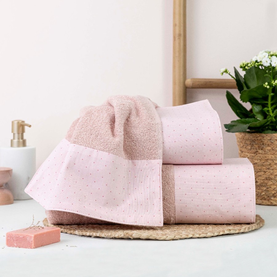 Σετ Πετσέτες 3 τεμ (Χειρός|Προσώπου|Λουτρού) Με Υφασμάτινη Φάσα Borea Pois Πούδρα