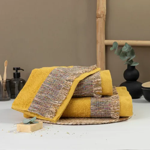 Σετ Πετσέτες 3 τεμ (Χειρός|Προσώπου|Λουτρού) Βαμβακερές Με Σενίλ Δαντέλα Borea Siesta Μουσταρδί