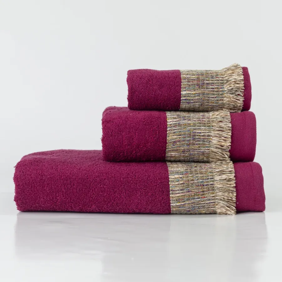 Σετ Πετσέτες 3 τεμ (Χειρός|Προσώπου|Λουτρού) Βαμβακερές Με Σενίλ Δαντέλα Borea Siesta Μπορντώ