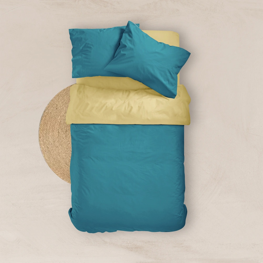 Παπλωματοθήκη Υπέρδιπλη (220x240) Διπλής Όψης Βαμβακερή Borea Solid Πετρόλ-Κίτρινη