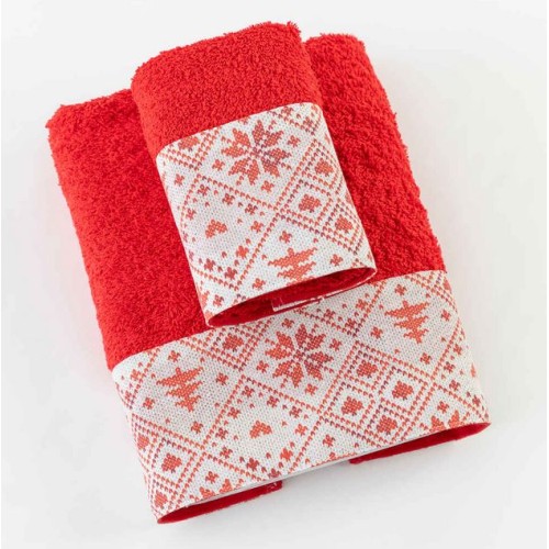 Σετ Πετσέτες 2 τεμαχίων Χριστουγεννιάτικες (Προσώπου|Χειρός) Βαμβακερές Borea Feliz Κόκκινο