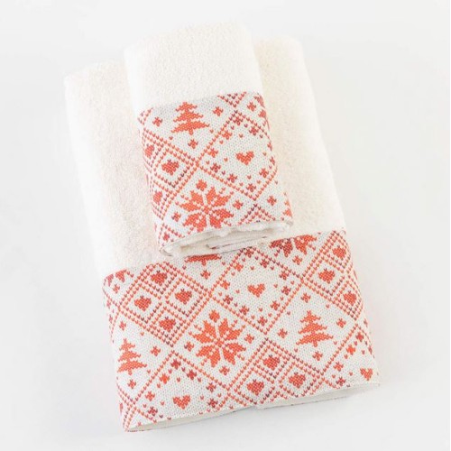 Σετ Πετσέτες 2 τεμαχίων Χριστουγεννιάτικες (Προσώπου|Χειρός) Βαμβακερές Borea Feliz Εκρού