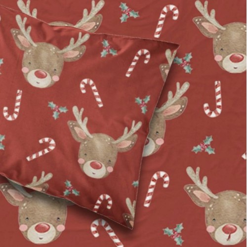 Χριστουγεννιάτικο Σεντόνι Διπλό-Υπέρδιπλο (220x240) Βαμβακερό Borea Rudolf Κόκκινο