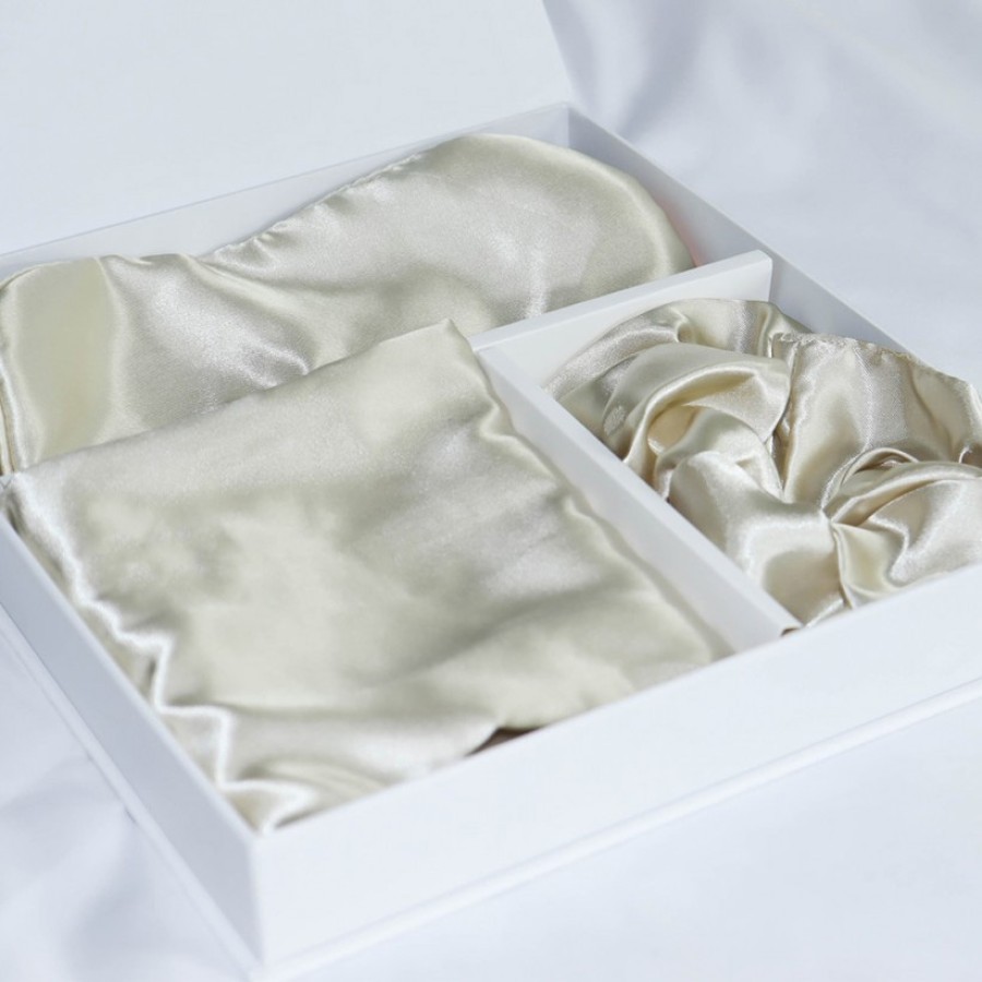 Σετ Δώρου 3τεμ. (Μαξιλαροθήκη|Μάσκα Ύπνου|Κοκαλάκι Scrunchie) από Μετάξι,Melinen Pure Silk Champagne