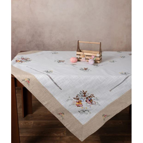 Πασχαλινό Τραπεζομάντηλο 6 Ατόμων (140x180) Κεντητό με Φάσα Newhome 3425 με 3 Κουνελάκια