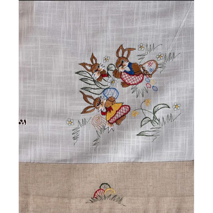 Πασχαλινό Τραπεζομάντηλο 6 Ατόμων (140x180) Κεντητό με Φάσα Newhome 3425 με 3 Κουνελάκια