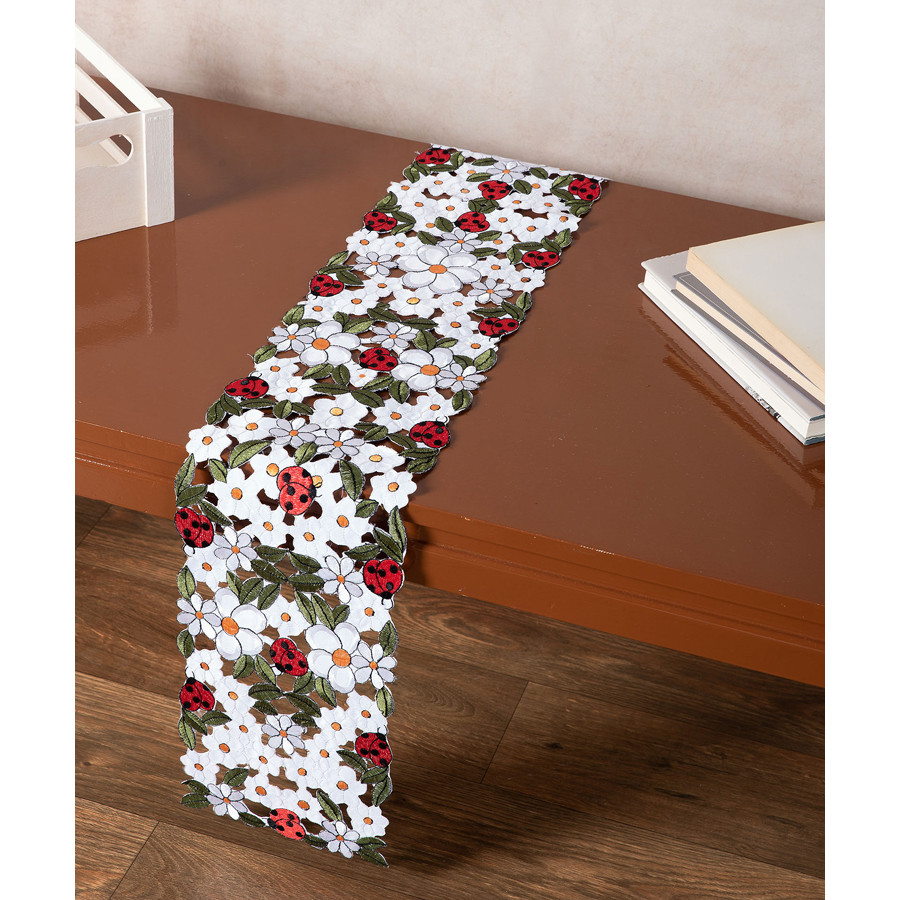 Διακοσμητική Τραβέρσα (20x150) Κοφτή Σατέν Κεντητή Newhome 5000 με Μαργαρίτες και Πασχαλίτσες