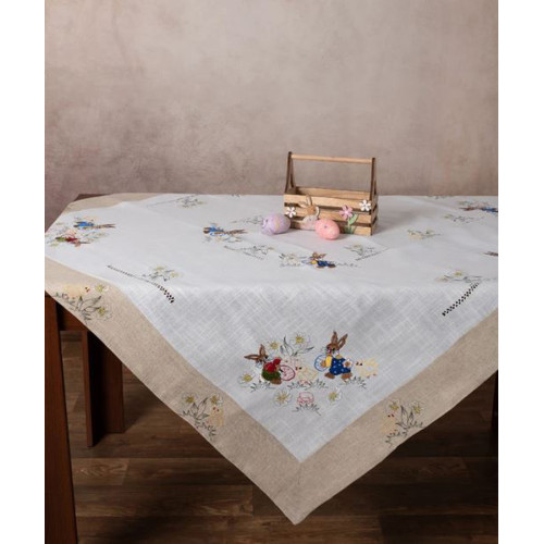 Πασχαλινό Τραπεζομάντηλο 6 Ατόμων (140x180) Κεντητό με Φάσα Newhome 6386 Κουνελάκια με Πουλάκια