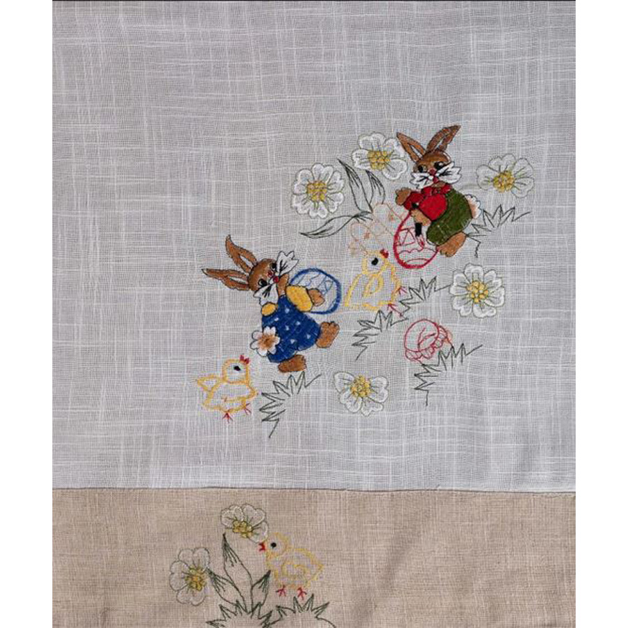 Πασχαλινό Τραπεζομάντηλο 6 Ατόμων (140x180) Κεντητό με Φάσα Newhome 6386 Κουνελάκια με Πουλάκια