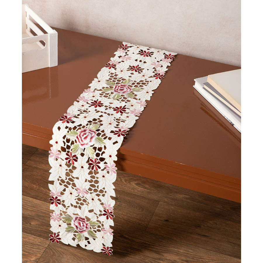 Διακοσμητική Τραβέρσα (20x150) Κοφτή Σατέν Κεντητή Newhome 7053 με Τριαντάφυλλα