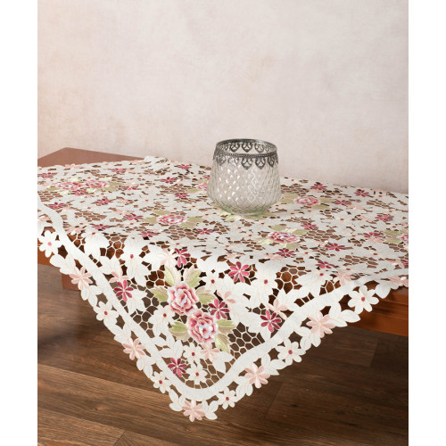 Κοφτό Σατέν Kαρέ (85x85) Newhome 7053 με Κέντημα Τριαντάφυλλα