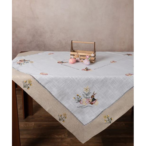 Πασχαλινό Τραπεζομάντηλο 6 Ατόμων (140x180) Κεντητό Με Φάσα Newhome 9197 Κουνελάκι με Αυγά