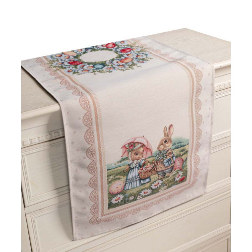 Πασχαλινή Τραβέρσα (40x150) Στόφα Ισπανίας Newhome Spring Walk Οικογένεια με Κουνελάκια στο Λιβάδι