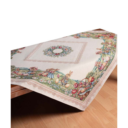 Πασχαλινό Καρέ (100x100) Στόφα Ισπανίας Newhome Spring Walk Οικογένεια με Κουνελάκια στο Λιβάδι