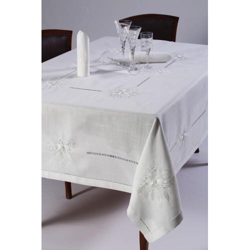 Τραπεζομάντηλο 12 ατ. (160x300) με 12 πετσέτες, Χειροποίητο με Κέντημα και Αζούρ Newhome 4006 Λευκό
