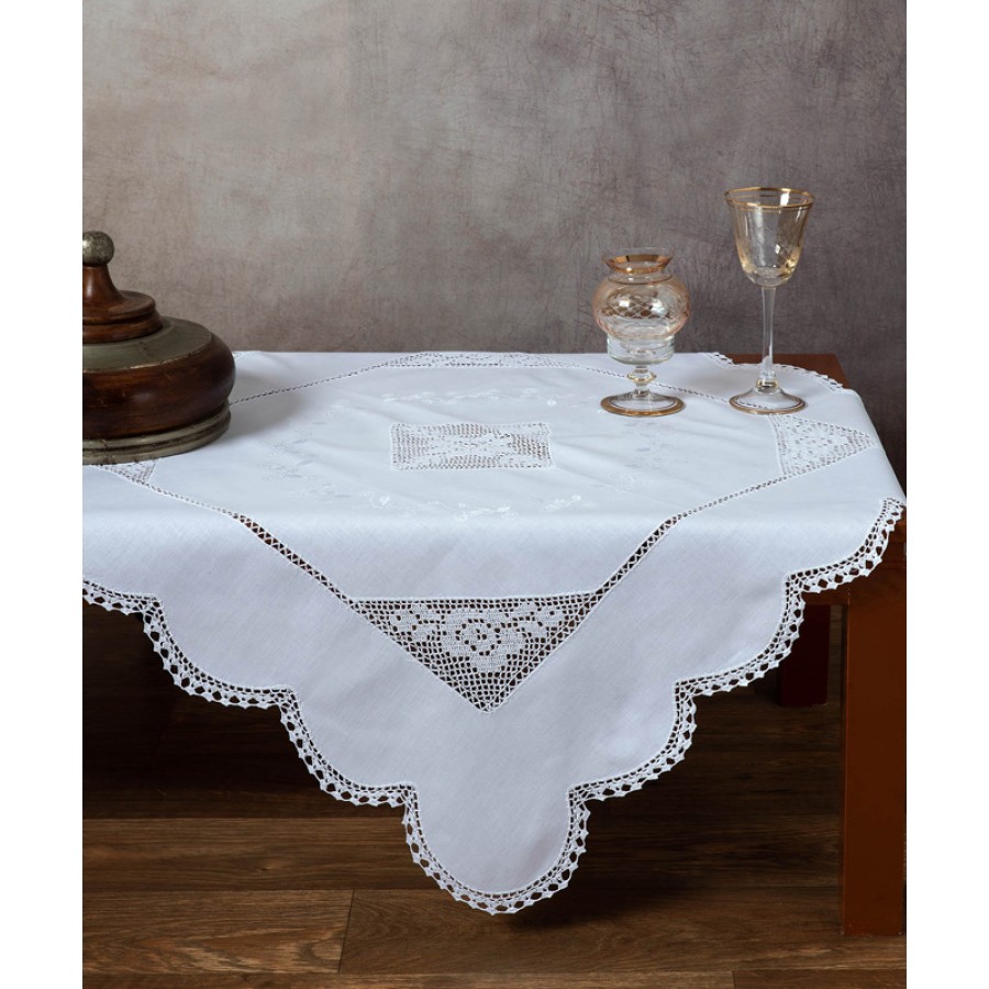 Καρέ (90x90) βαμβακερό με πλεκτό-κροσσέ Newhome Skiros 1153 λευκό