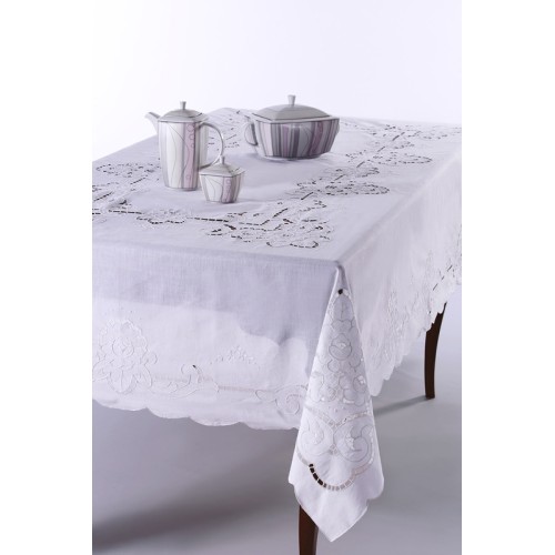 Τραπεζομάντηλο 12 ατόμων (170x270) με πετσέτες φαγητού χειροποίητο κοφτό Newhome Skiros 2122 λευκό