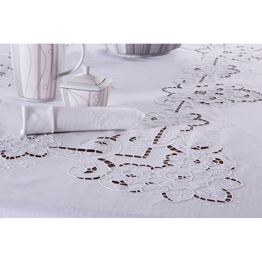 Τραπεζομάντηλο 12 ατόμων (170x270) με πετσέτες φαγητού χειροποίητο κοφτό Newhome Skiros 2122 λευκό