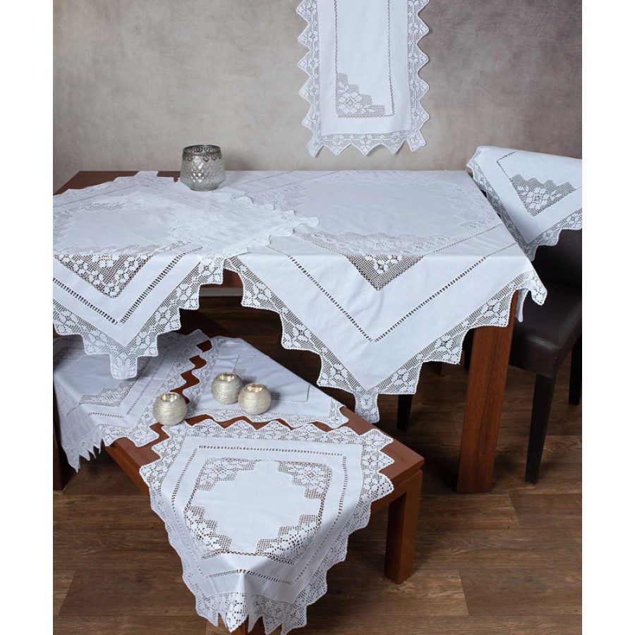 Τραπεζομάντηλο 12 Ατόμων (170x320) χειροποίητο με πλεκτό Newhome Skiros 2540 Λευκό