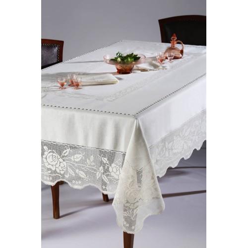 Τραπεζομάντηλο 12 ατόμων (170x270) Χειροποίητο λινό με πετσέτες φαγητού Newhome Skiros 310 ivory