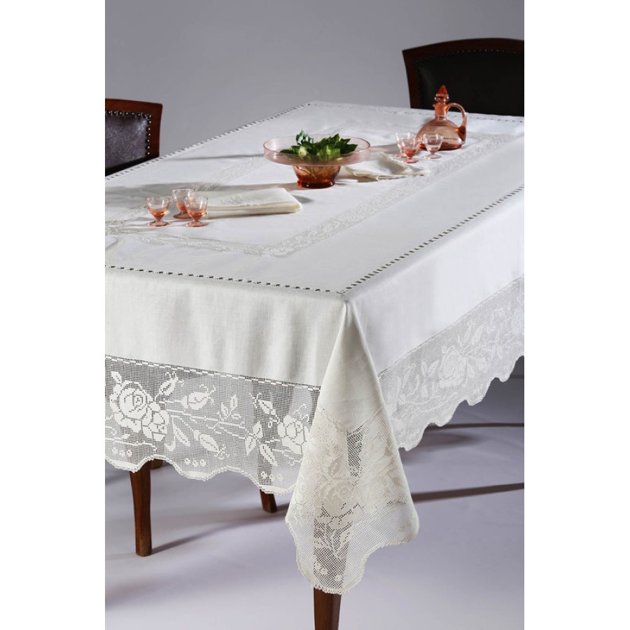 Σετ 7 τεμαχίων (καρέ, σεμέν, τραπεζοκαρέ) Χειροποίητο λινό Κοφτό Newhome Skiros 310 ivory