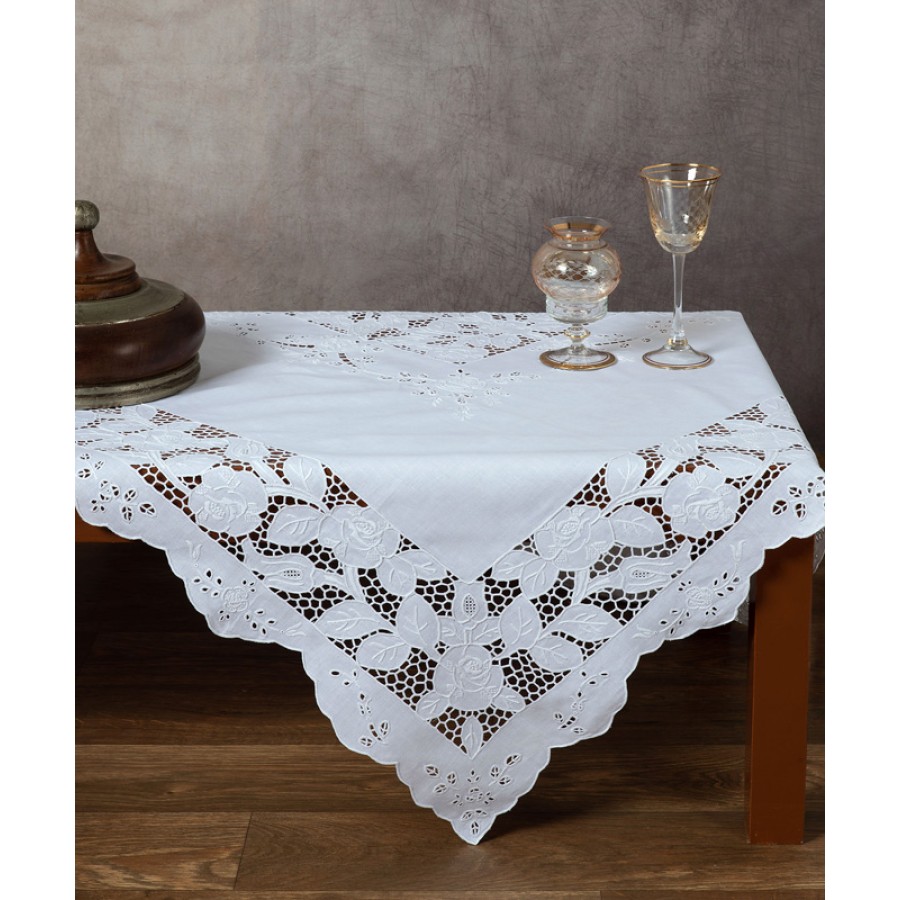 Τραπεζοκαρέ (140x140) χειροποίητο κοφτό λινό Newhome Skiros 611 λευκό