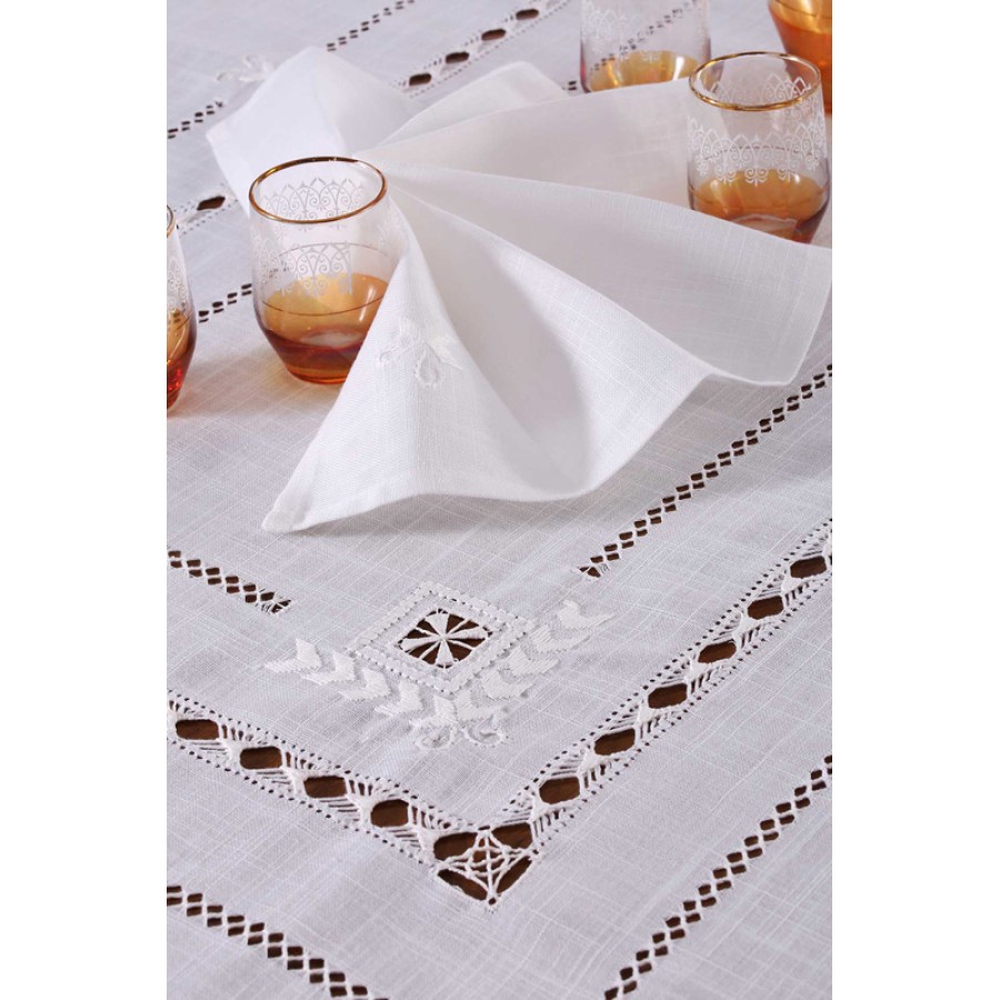 Τραπεζομάντηλο (180x180) χειροποίητο με πετσέτες φαγητού Newhome Skiros 9108 λευκό