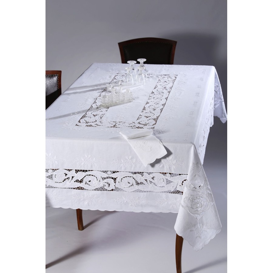 Σετ 7 τεμαχίων (καρέ, σεμέν, τραπεζοκαρέ) Χειροποίητο λινό Skiros 9895 λευκό