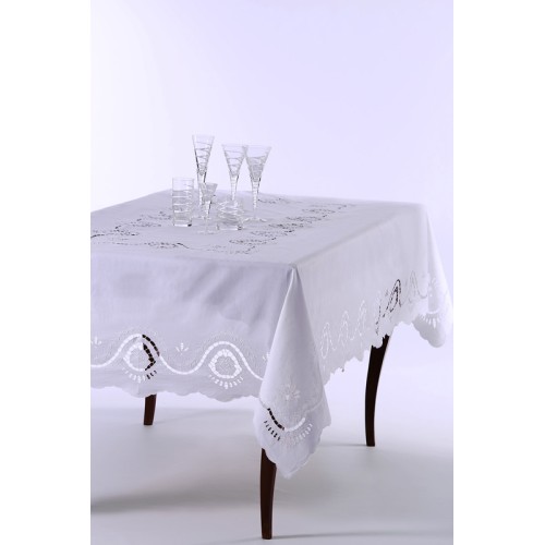 Τραπεζομάντηλο 12 ατόμων (170x270) χειροποίητο λινό με πετσέτες φαγητού Newhome Skiros ACT8 λευκό