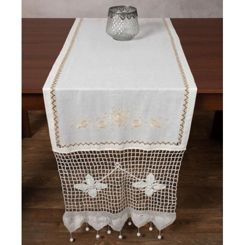 Τραβέρσα Λινή (50x200) Χειροποίητη με Ανεβατή δουλειά Newhome Ρουμάνικη Εκρού