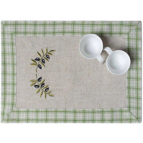 Σουπλά (35x50) Μπεζ με Κέντημα Ελιές και Καρώ Φάσα Newhome 1312 Πράσινο