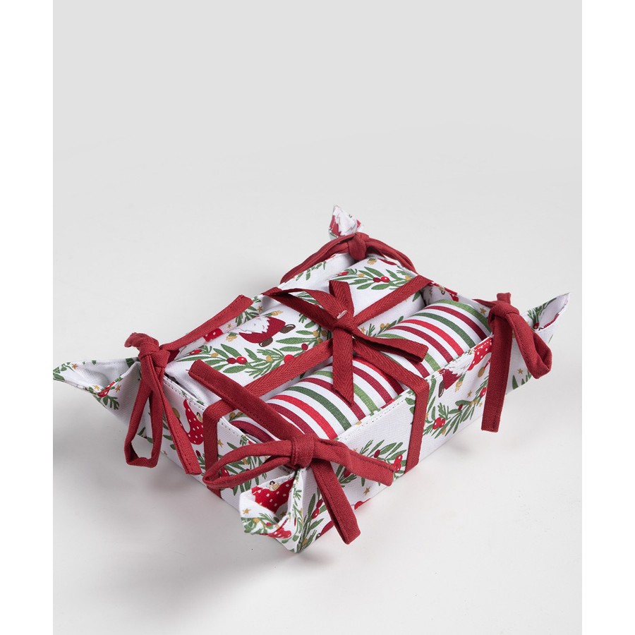 Χριστουγεννιάτικο Σετ Δώρου 2 Ποτηρόπανα (40x65) με Ψωμιέρα Newhome BS72116