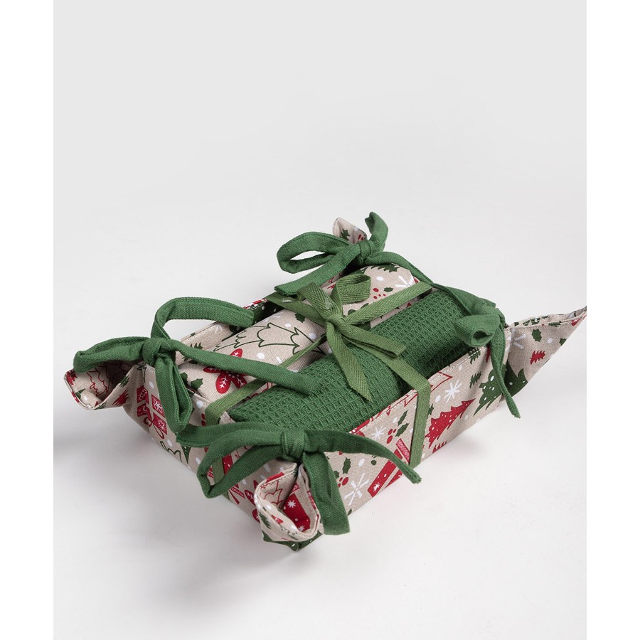 Χριστουγεννιάτικο Σετ Δώρου 2 Ποτηρόπανα (40x65) με Ψωμιέρα Newhome BS85116