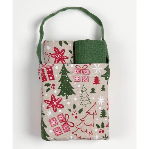 Χριστουγεννιάτικο Σετ Δώρου 2 Ποτηρόπανα (40x65) σε Τσαντάκι Newhome BS85116