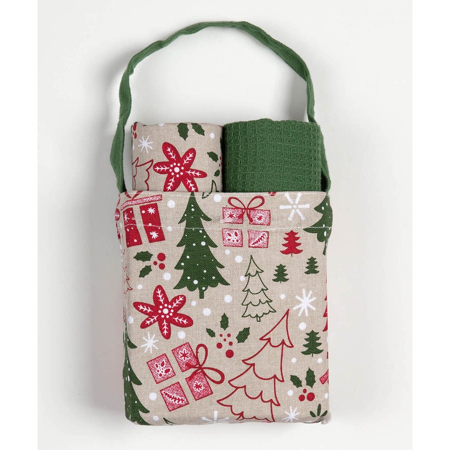 Χριστουγεννιάτικο Σετ Δώρου 2 Ποτηρόπανα (40x65) σε Τσαντάκι Newhome BS85116