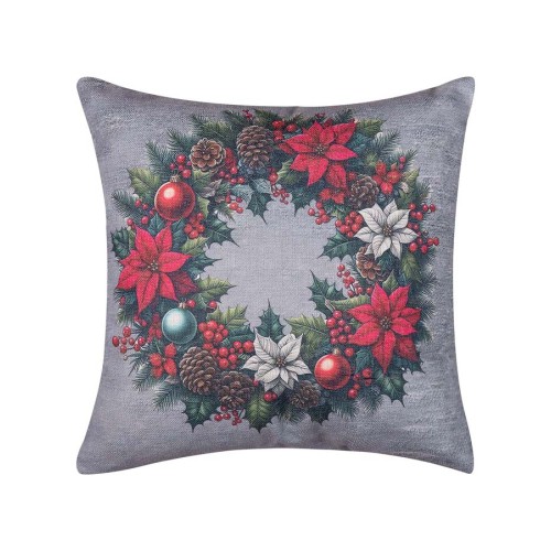 Χριστουγεννιάτικη Μαξιλαροθήκη Φιγούρας (45x45) Newhome KS026-8 με Γιορτινό Στεφάνι