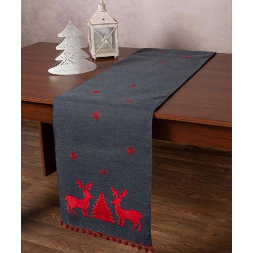 Χριστουγεννιάτικη Τραβέρσα (35x175) Με Πον Πον Newhome NW345 ανθρακί με ταράνδους