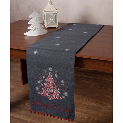 Χριστουγεννιάτικη Τραβέρσα (35x175) Με Πον Πον Newhome NW347 ανθρακί Merry Christmas