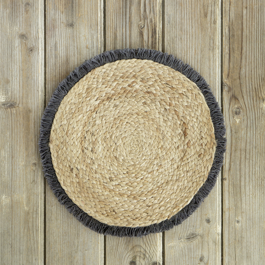 Σουπλά Στρογγυλό (Διάμετρος 38 εκ.) Γιούτα με Κρόσσια Nima Carina Dark Gray