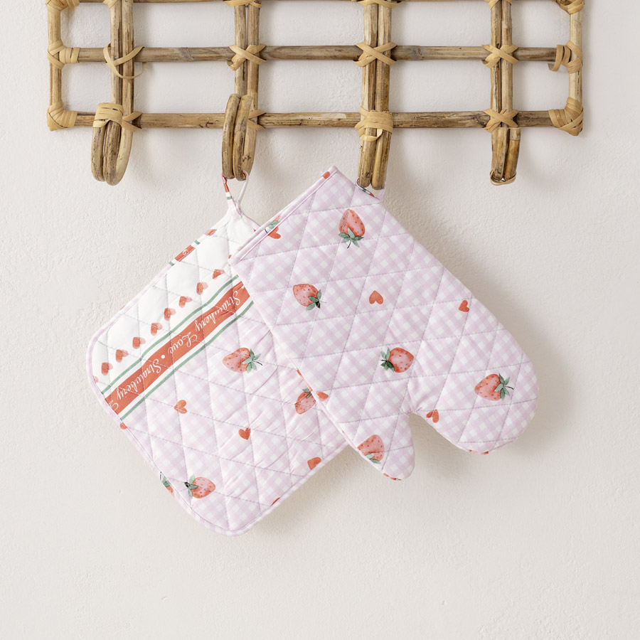 Σετ Κουζίνας Γάντι και Πιάστρα Βαμβακερό Digital Print, Nima Strawberry Love