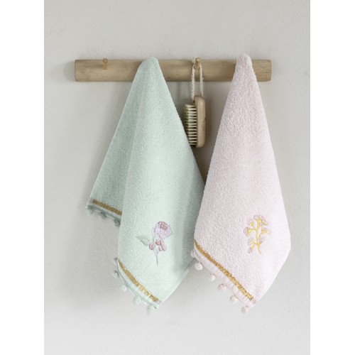 Σετ Πετσέτες 2 τεμαχίων Χεριών (30x50) Βαμβακερές με Κέντημα και Pom Pom Nima Floral