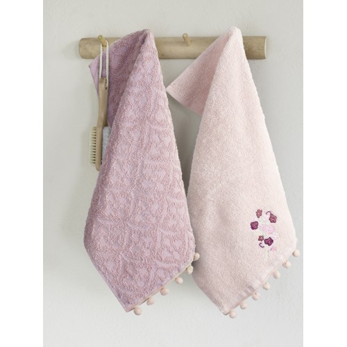 Σετ Πετσέτες 2 τεμαχίων Χεριών (30x50) Βαμβακερές με Κέντημα και Pom Pom Nima Romance
