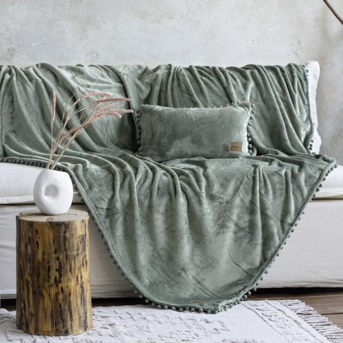 Ριχτάρι για Διθέσιο Καναπέ (180x250) Flannel με Πον Πον Μονόχρωμο Nima Macia Sage Green