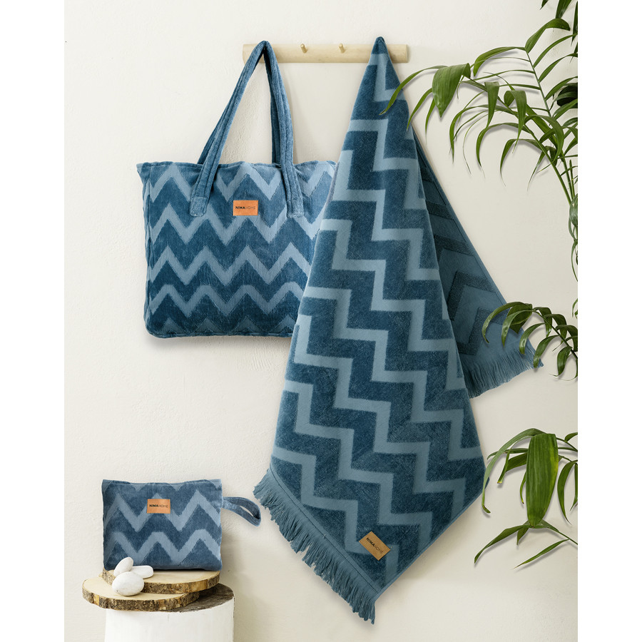 Πετσέτα θαλάσσης (90x160) Βελουτέ Ζακάρ Ζιγκ-Ζαγκ Nima Vida Blue